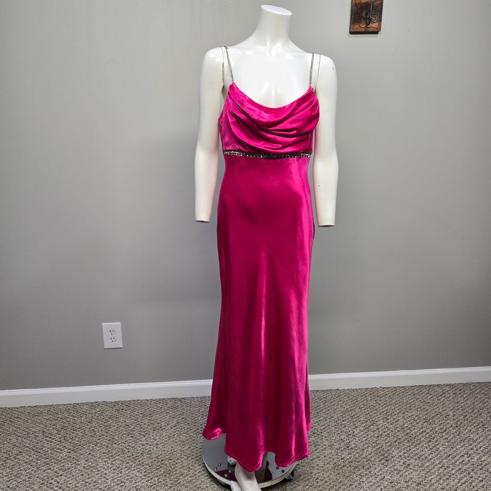 Vintage Cache‎ Gown Maxi Slip Dress Size 8 Hot Pink Satin Rhinestone Prom Formal
